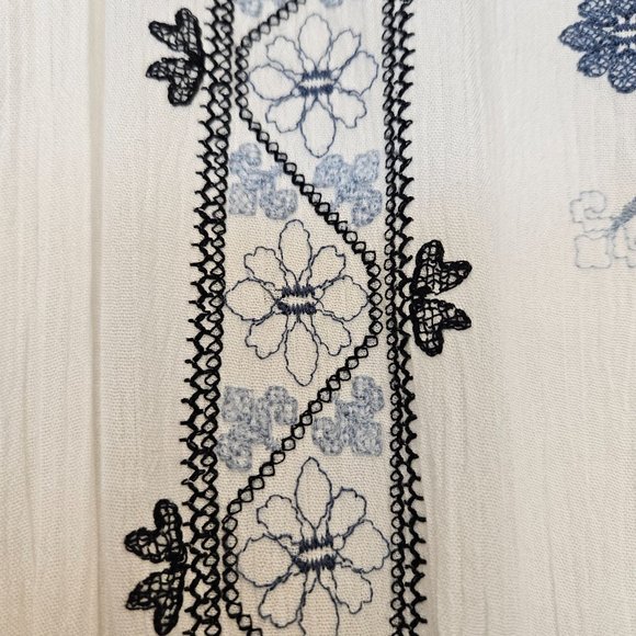 Max Studio Boho Mini Dress, Ivory with Blue Floral Embroidery, Size Medium - Picture 4 of 11
